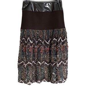 KOLOR brown w/green and rust, 3-tier, fun and funky Boho skirt. Size Medium. EUC